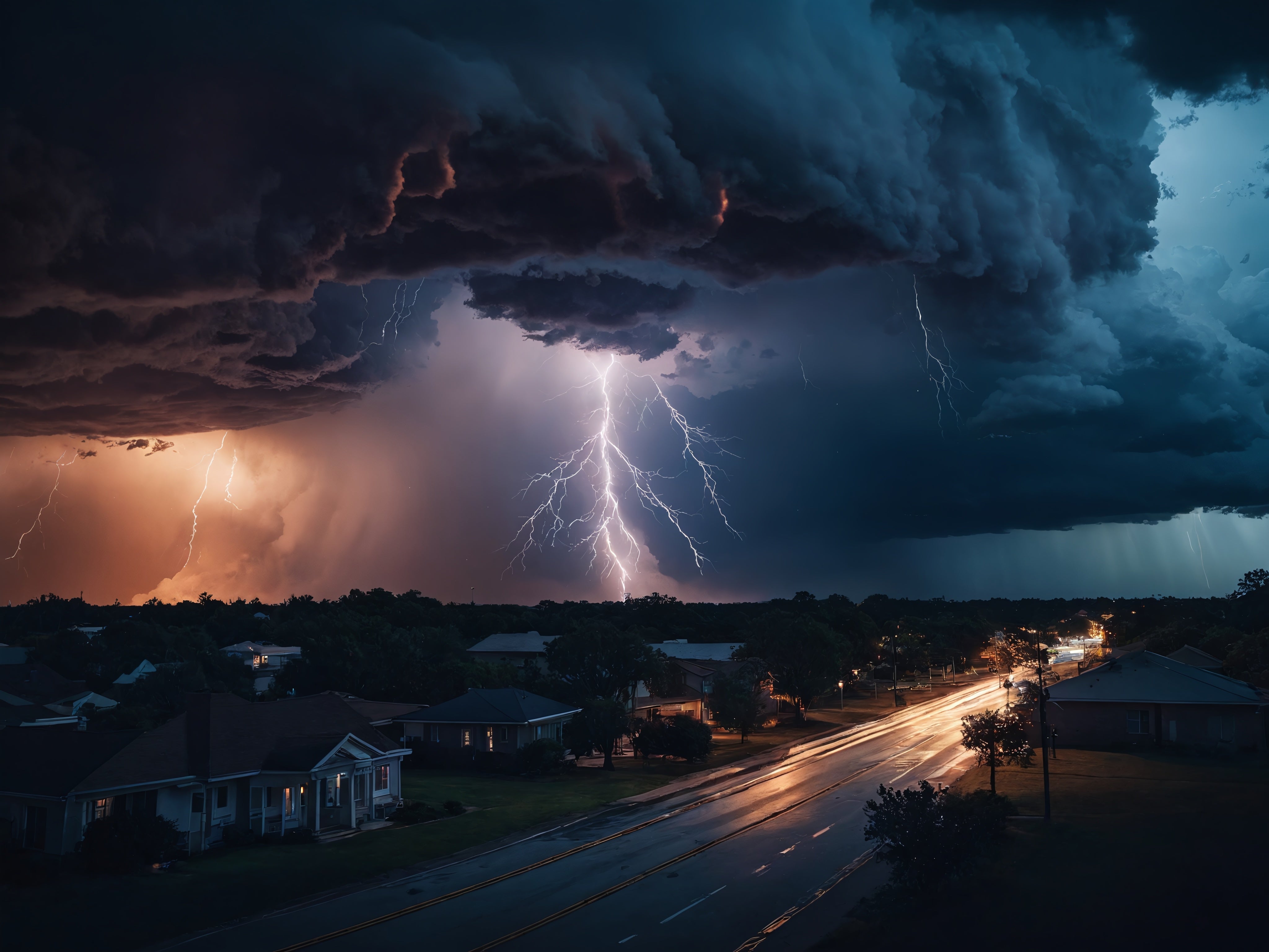 Severe lightning storm over a Texas neighborhood, highlighting the need for residential lightning protection by Lightning Safety Solutions.