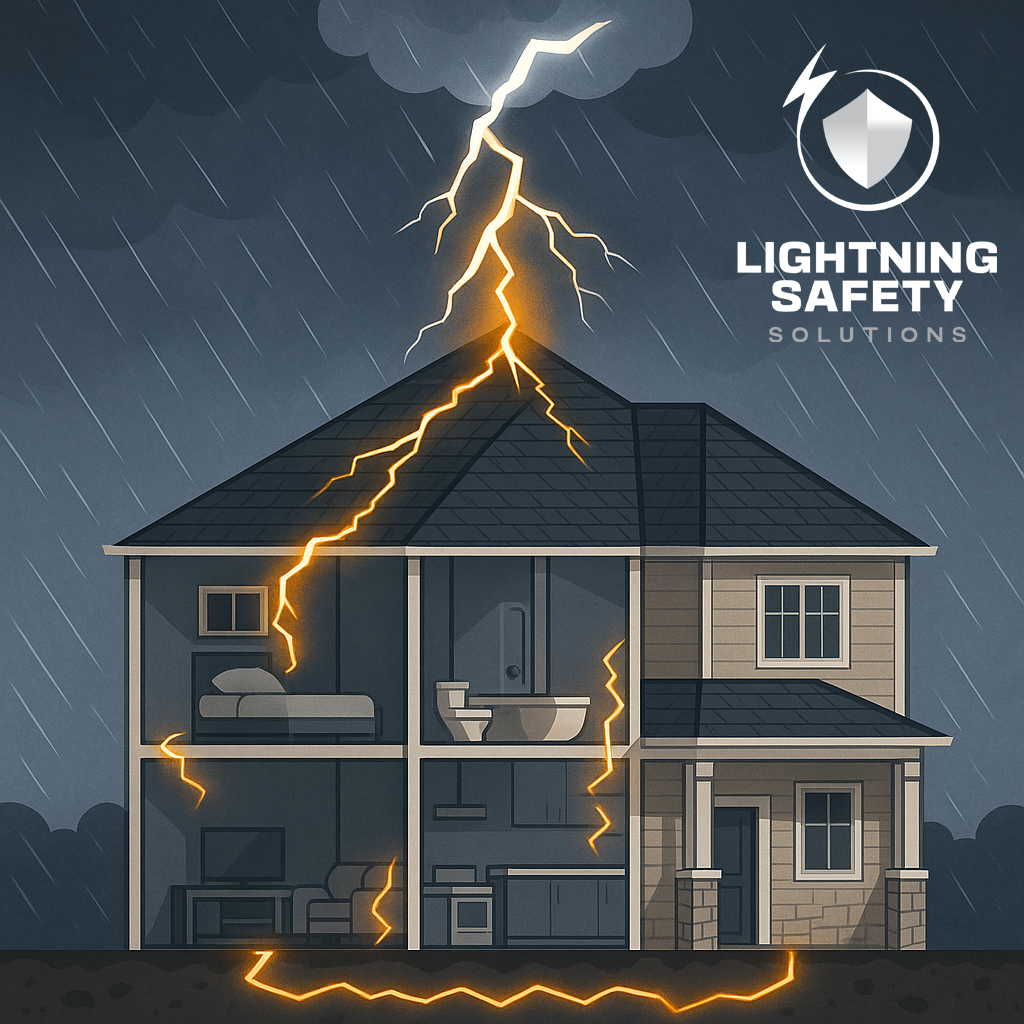 Illustration of lightning striking a roof and traveling through a home