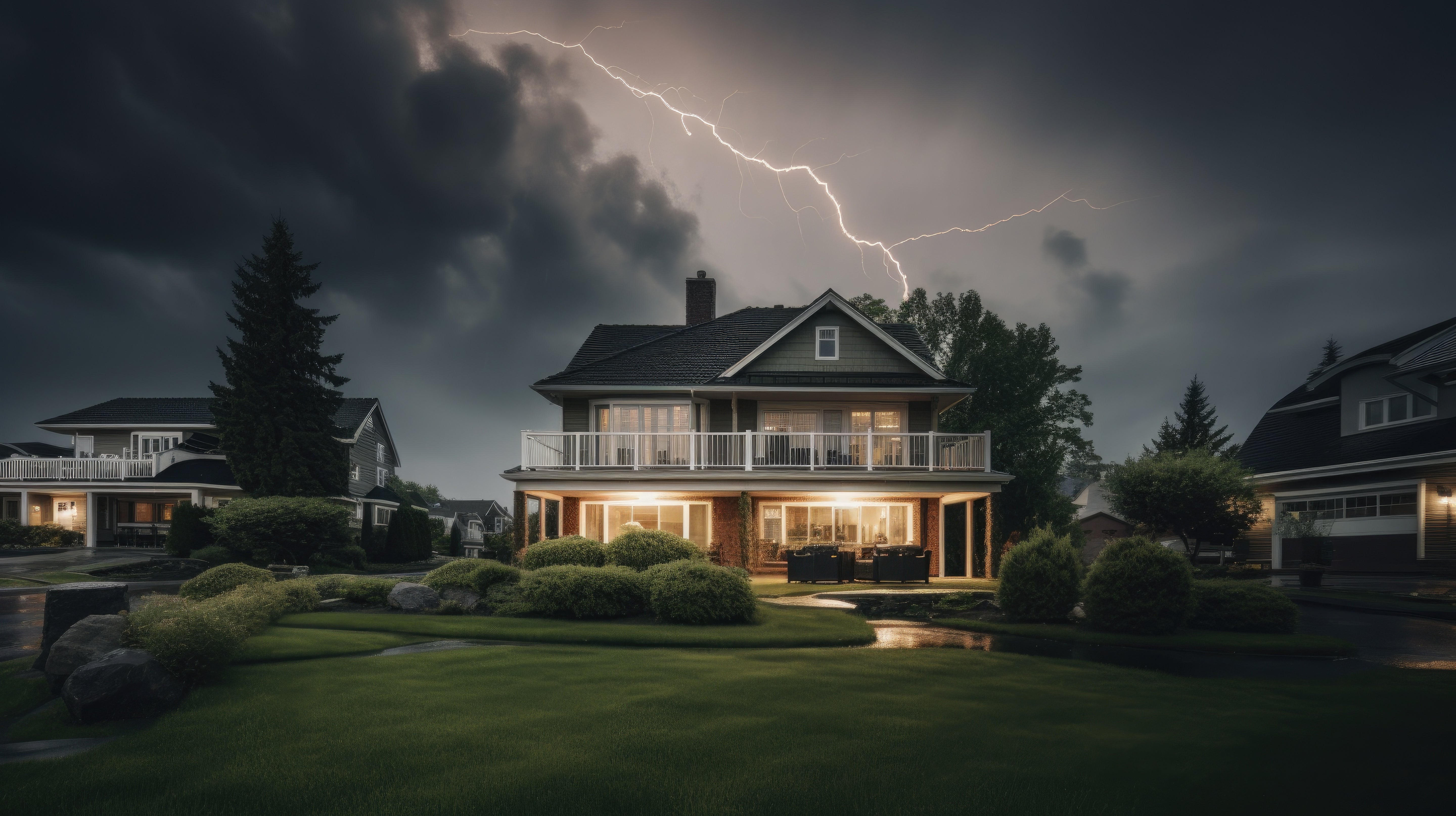 Lightning striking near a residential Texas home, highlighting the need for professional lightning protection by Lightning Safety Solutions.